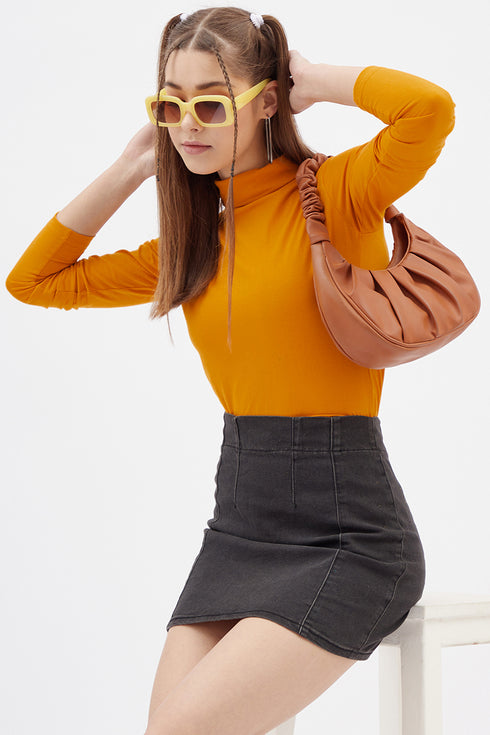 Women Mustard Highneck Full sleeves T-shirt